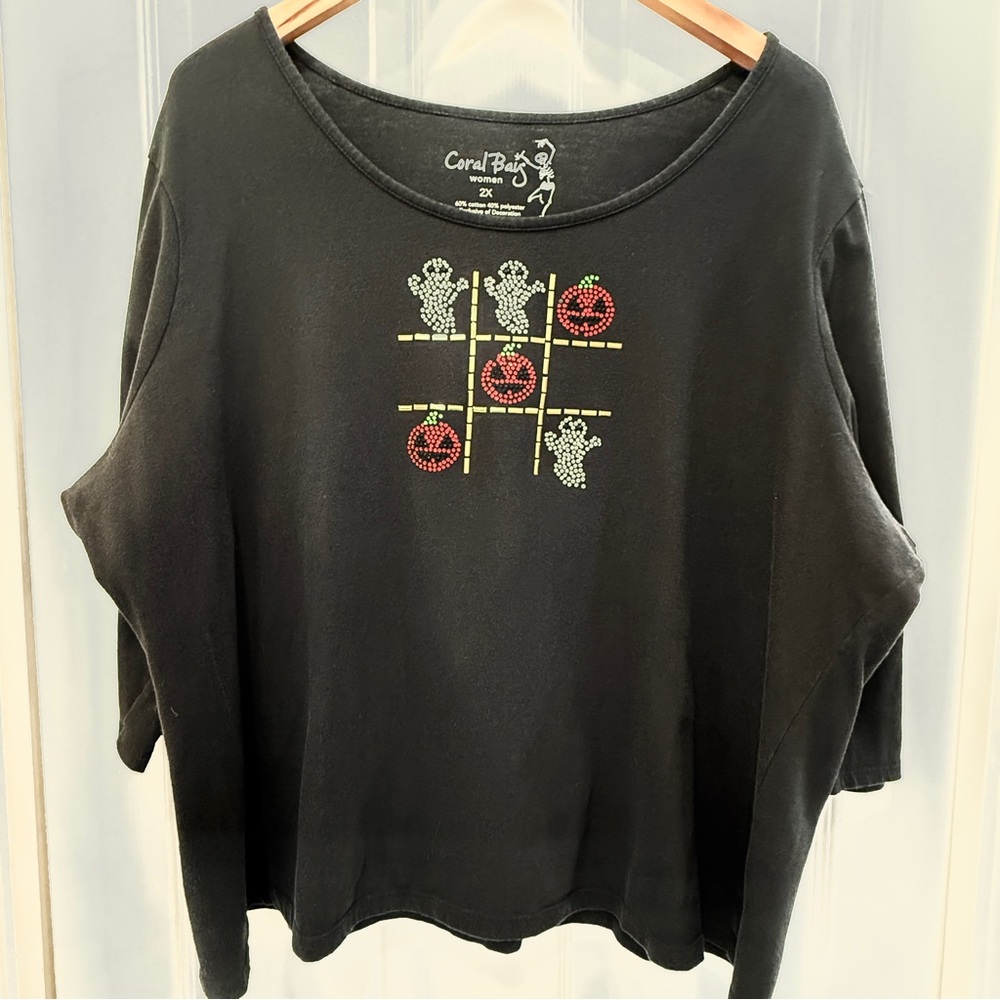 Halloween black tee shirt jeweled pumpkin ghost three quarter sleeve plus